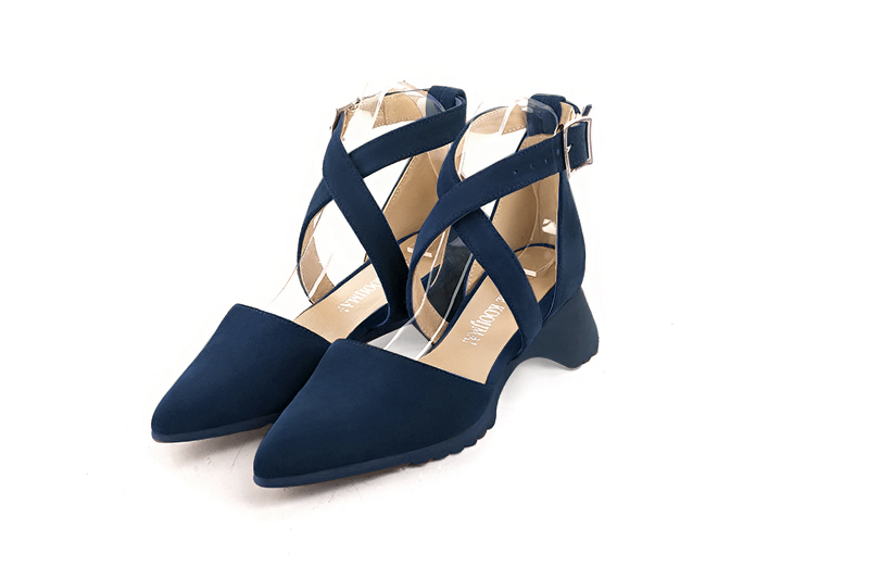 Navy blue women's open side shoes, with crossed straps. - Florence KOOIJMAN